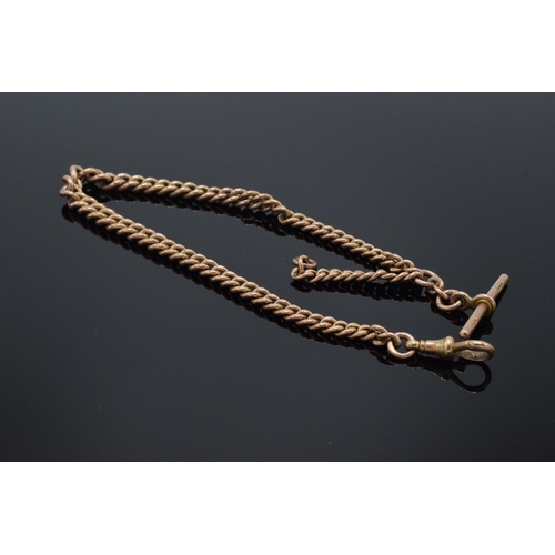 230 - Edwardian 9ct rose gold curb link Albert watch guard chain with T bar and clip. Each link stamped. 3... 