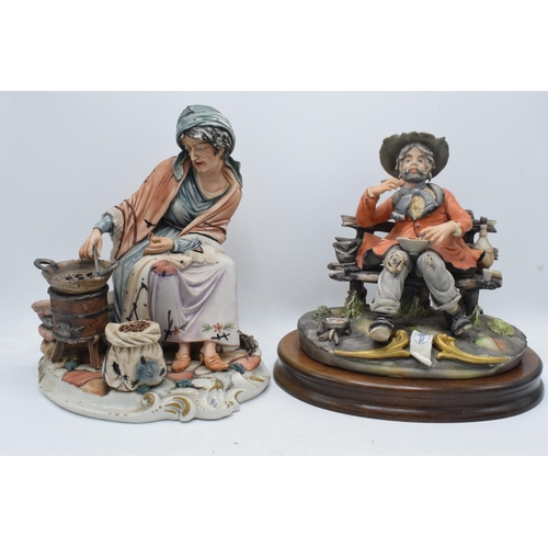 24 - A pair of Capo Di Monte figures to include a Sartou man eating whilst seated on a bench and a Menegh... 