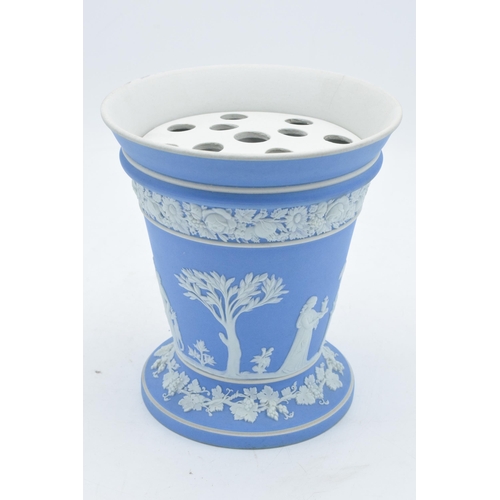 1 - Wedgwood light blue Jasperware vase with posy holder. 15cm tall. In good condition with no obvious d... 