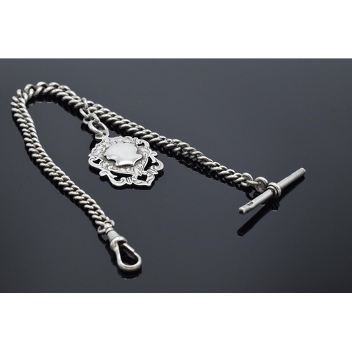 185 - A hallmarked silver Albert chain and fob with T bar. 33.2 grams. 26.5cm long. Each link with hallmar... 