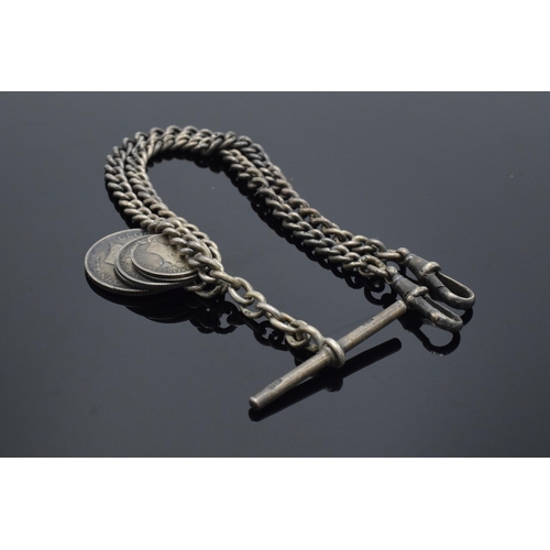 185B - Silver double Albert watch chain with T bar and coins. 37cm long. Each link stamped. 41.4 grams.