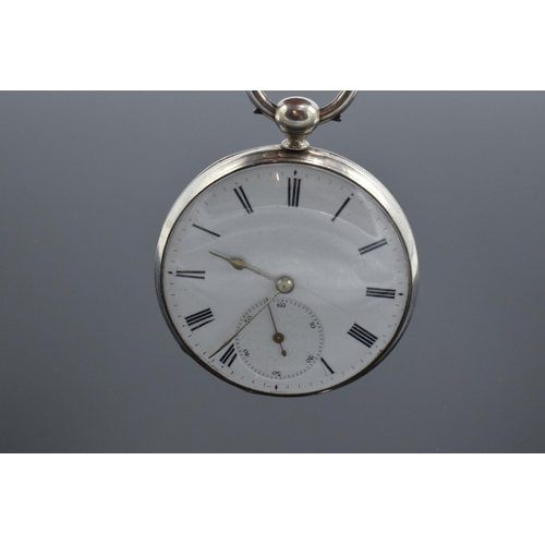 190 - Silver key-wind pocket watch with hallmark to link. In ticking order but untested for long periods o... 