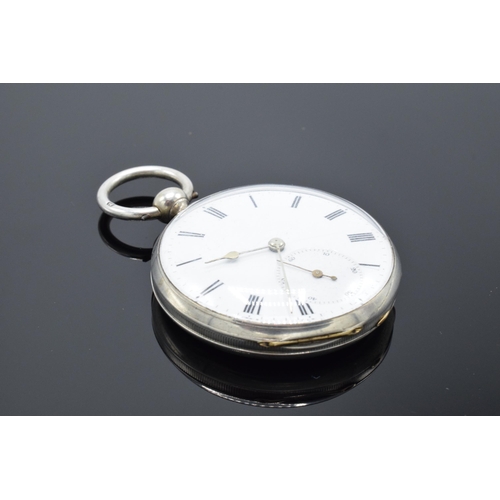190 - Silver key-wind pocket watch with hallmark to link. In ticking order but untested for long periods o... 