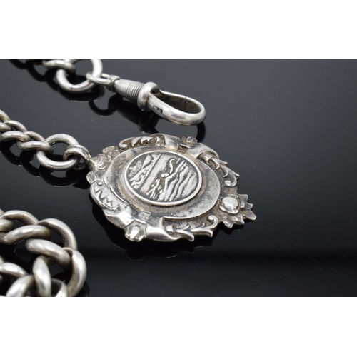 192 - Silver Albert watch chain and silver fob with T bar. 40.4 grams. 39cm long.