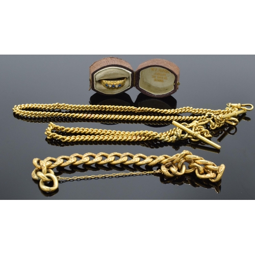 203J - Two gilded metal Albert watch chains, a heavy gilded bracelet and a gilded ring set coloured stones ... 