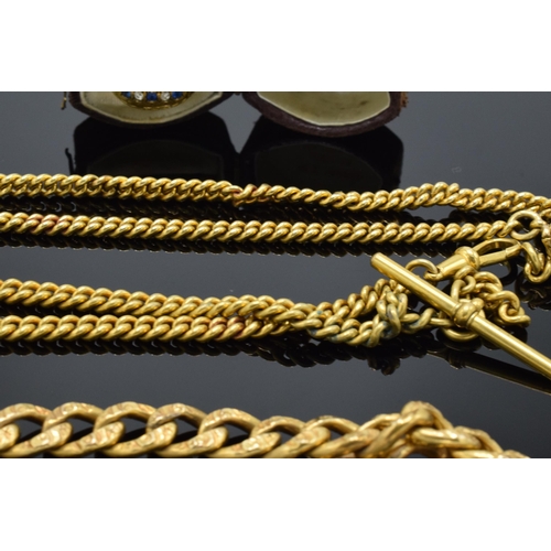 203J - Two gilded metal Albert watch chains, a heavy gilded bracelet and a gilded ring set coloured stones ... 