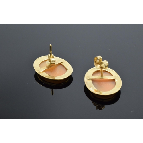 203L - Pair of cameo set earrings in gold coloured metal, testing as 18ct gold, and marked 18kt