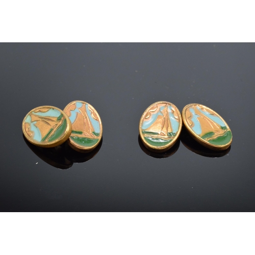 206 - A pair of vintage copper and enamel sailing ships cufflinks.