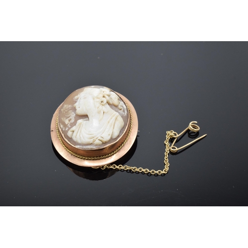 207 - 9ct gold carved shell cameo with gold safety chain. 7.6 grams.