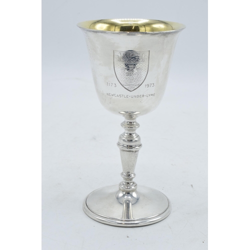 213 - Silver goblet with engraving for 800 Year Anniversary of Newcastle Under Lyme. 144.4 grams. Birmingh... 