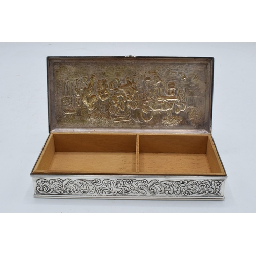 217 - Dutch silver cigarette box with repoussé decoration of a tavern scene. 18 x 8cm.