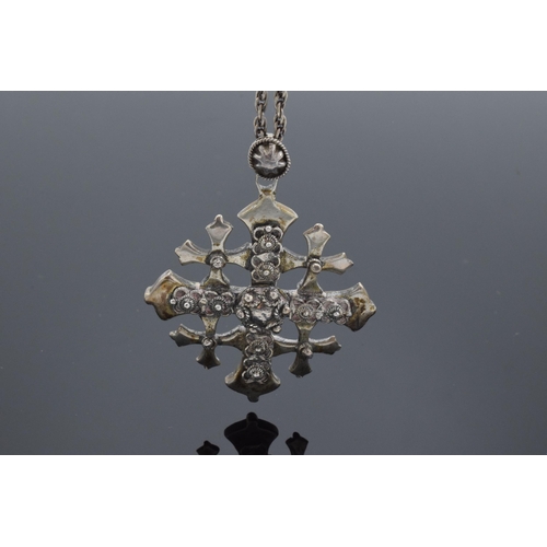 221 - A silver Jerusalem Cross pendant and white metal. 33.2 grams. '800 Jerusalem'. 47cm length of chain.