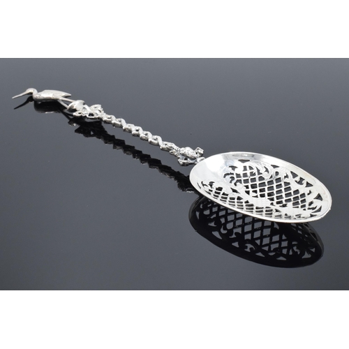 234 - Dutch silver spoon with heron finial. 63.5 grams. 22cm long.