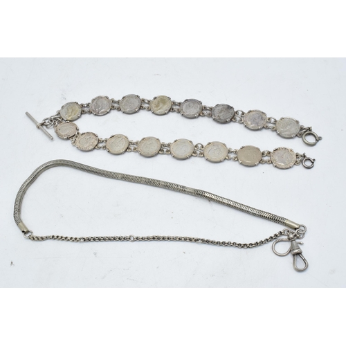 244 - A silver (925) threepenny bit watch chain together with a similar silver coloured example (2). Total... 