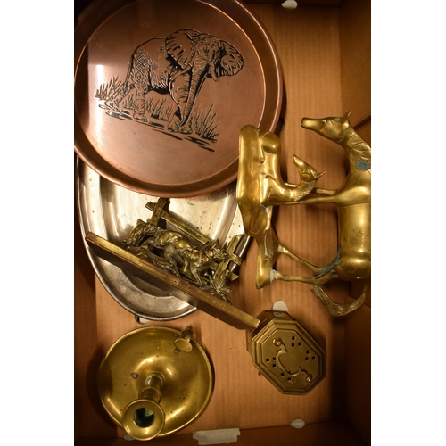 252 - A collection of metalware to include brass model of a horse and foal, brass fox letter rack, copper ... 