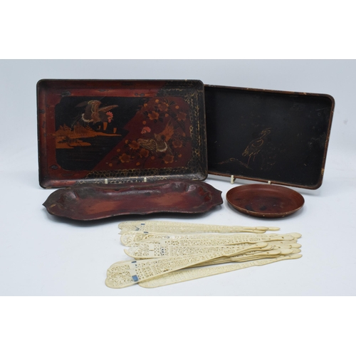 39 - A collection of oriental items to include bone fan components x 23 together with Japanese red lacque... 