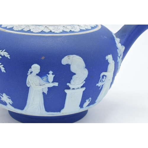 83 - Wedgwood 19th century dip blue jasperware teapot. 22cm long. In good condition with no obvious damag... 