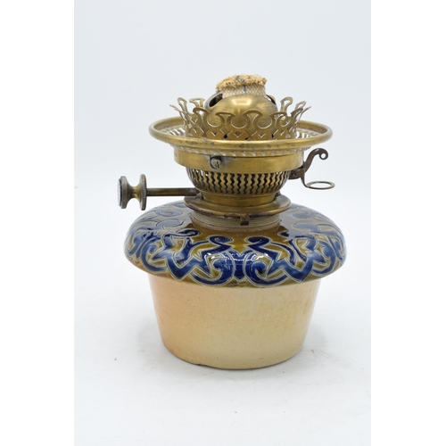 179 - Doulton Lambeth Florence Barlow stoneware oil lamp base with brass tri-leg stand in the form of hoof... 