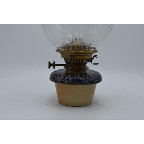 179 - Doulton Lambeth Florence Barlow stoneware oil lamp base with brass tri-leg stand in the form of hoof... 