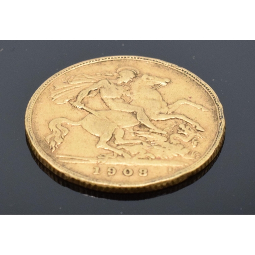 206 - 22ct gold Edward VII half sovereign 1908 3.9 grams. Fair condition.