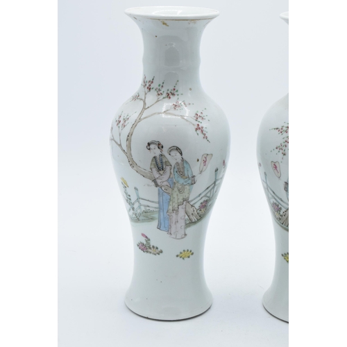 200 - A pair of 20th century Chinese yenyen vases showing traditional scenes of maidens in a garden with c... 