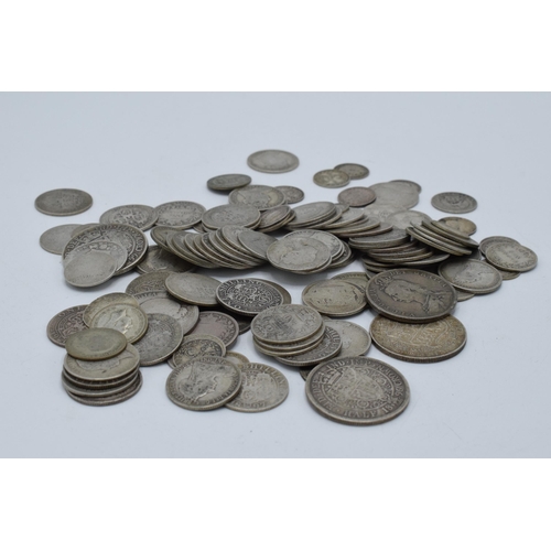 A collection of mainly pre-1920 silver coins to include three pence pieces, shillings, half crowns etc. Gross weight 540.0 grams. Varying levels of wear.