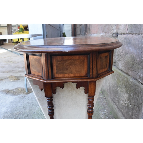 341 - An early 20th century sewing table with marquetry decoration in the Aesthetic Movement style with re... 