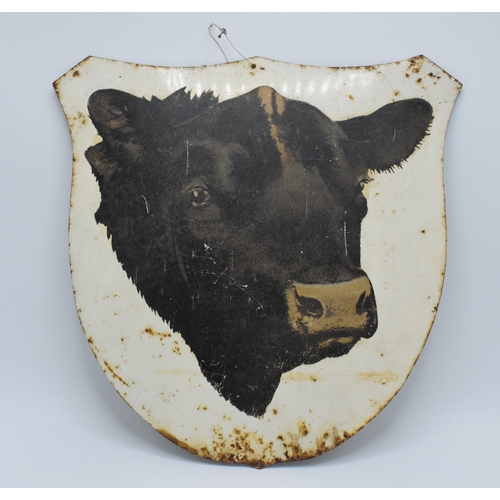 393 - An original vintage butcher's advertising transfer Aberdeen Angus head on painted metal shield-shape... 