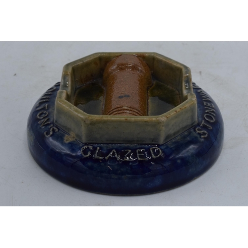 109 - Doulton Lambeth stoneware ashtray advertising Doulton's Glazed Stoneware Pipes diameter 11cm.