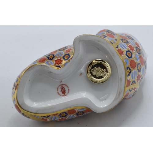 80D - Boxed Royal Crown Derby paperweight Walrus. First quality with gold stopper.