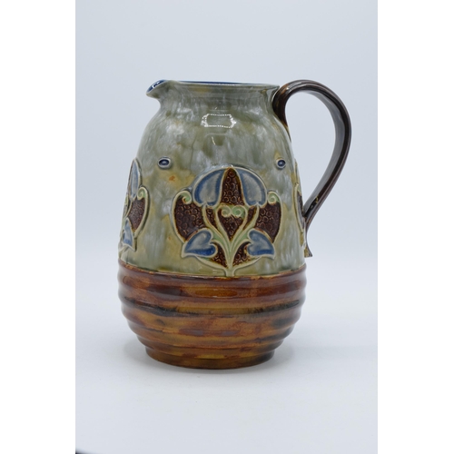 158 - Large Royal Doulton stoneware jug decorated with tulips '1482' and 'GS' impressed to base, 22cm tall... 