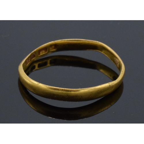 231 - 22ct gold wedding band, 2.0 grams. Ring is bent / mis-shaped.