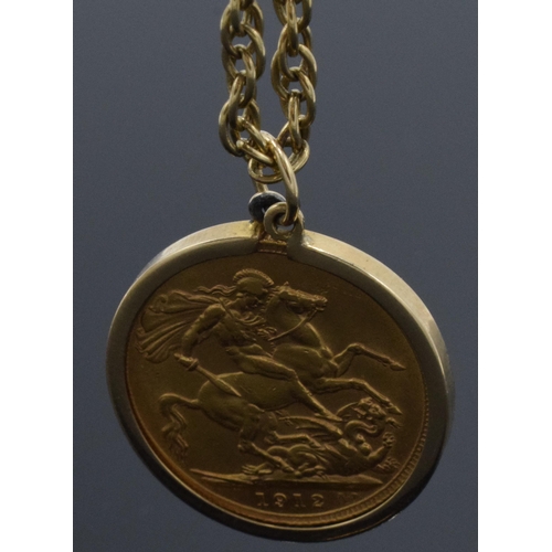 235 - 22ct gold 1912 Full Sovereign on a 9ct gold mount and chain, 46cm long, total weight 17.4 grams.