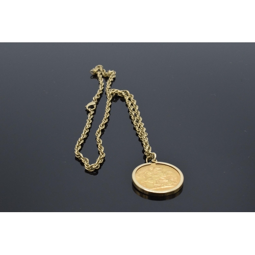 235 - 22ct gold 1912 Full Sovereign on a 9ct gold mount and chain, 46cm long, total weight 17.4 grams.
