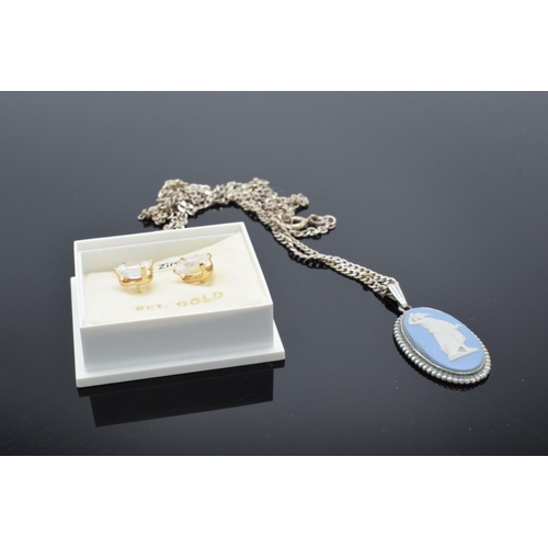 240 - A pair of 9ct gold and cubic zirconia earrings together with a Wedgwood pendant in silver mount and ... 