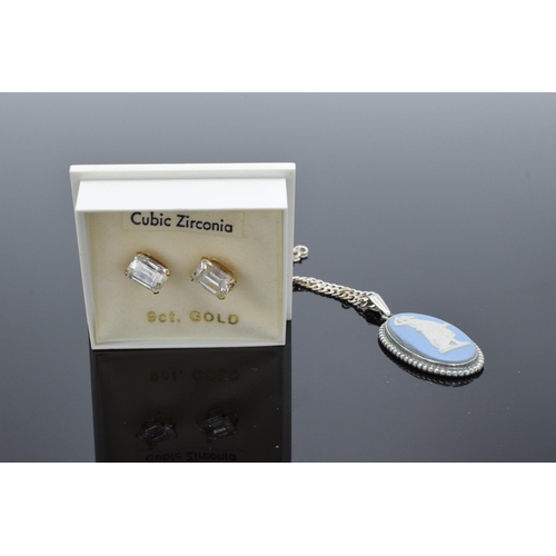 240 - A pair of 9ct gold and cubic zirconia earrings together with a Wedgwood pendant in silver mount and ... 