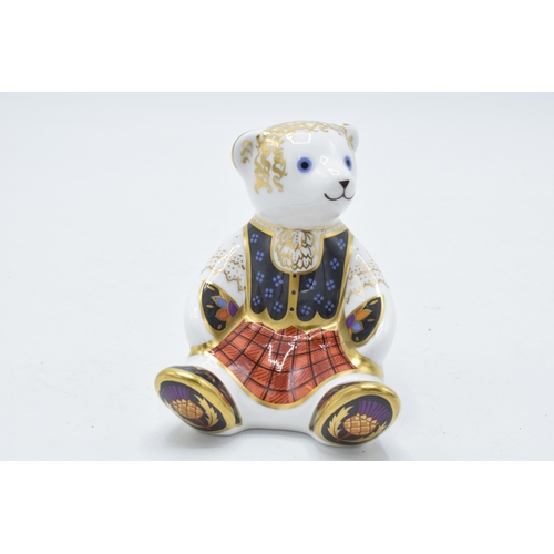 84 - Boxed Royal Crown Derby paperweight Scottish Teddy Shona Bear, first quality with gold stopper.