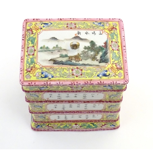 49 - A Chinese famille jaune food container of rectangular form with five tiers with scrolling floral and... 