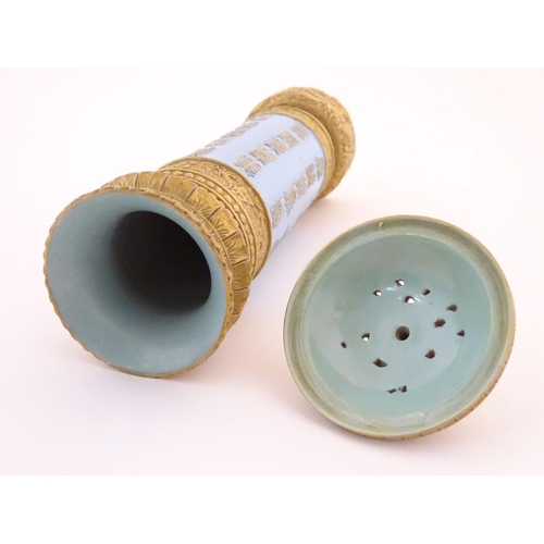 29 - A Chinese incense burner / stick holder / stand of cylindrical form. Decorated with Oriental script ... 