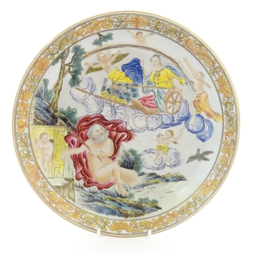 25 - A Chinese export plate depicting a mythological landscape scene with a woman in a chariot, possibly ... 