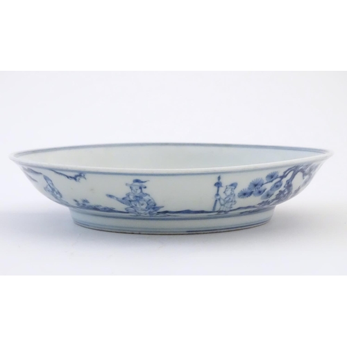 51 - A Chinese blue and white dish with blossoming trees and stylised cactus detail. Character marks unde... 
