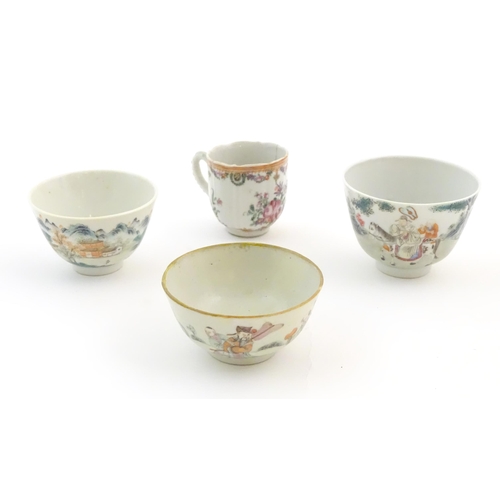 42A - A quantity of assorted Chinese tea bowls, wine cups and saucers. Saucer decoration to include a figu... 