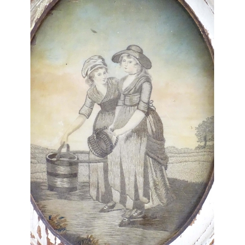 1935 - Two 19thC oval silkwork embroideries, The Country Maid, depicting two young ladies in a landscape, o... 