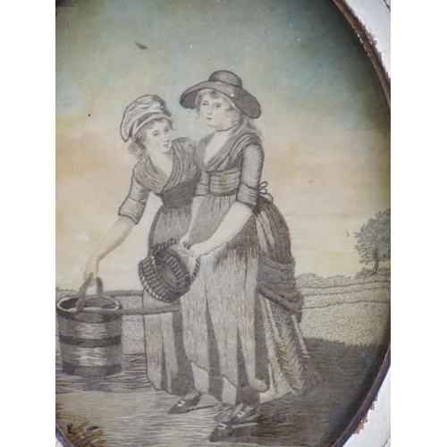 1935 - Two 19thC oval silkwork embroideries, The Country Maid, depicting two young ladies in a landscape, o... 