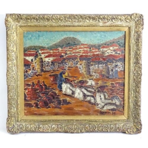 John Deakin (1912-1972), Oil on canvas, A Mexican village with figures in a market square selling their wares. Signed and dated (19)35 lower right. Approx. 16" x 19"

John Deakin was an accomplished painter in his early career, as well as portrait, fashion and street photographer. Not much is known of his early years. He was born in Liverpool in 1912. During his early career in 1930 he worked in Dublin, Ireland, and spent the middle to late 1930s travelling to Italy, Spain, Malta, Mexico, USA, Tahiti, Africa etc. with his partner Arthur Jeffress, a renowned art critic and collector. Jeffress was a wealthy American who helped Deakin in his career and financed their travelling while Deakin was painting. In October 1935 they sailed together to Vera Cruz in Mexico. From there they travelled to Mazatlan, and by May 1936 they had arrived in Los Angeles to visit Jeffress' friends and relatives. Returning to Europe through Paris and Rome, they settled in London, where in 1938, Deakin exhibited paintings of his travels at the Mayor Gallery, Cork Street, to critical acclaim. In 1939 he started photographing for Vogue magazine, mainly portraits of writers, artists, poets, actors, to include Eugene Ionesco, W. H. Auden, Yves Montand, Picasso, Dylan Thomas, etc. But also of his friends of Bohemian Soho, London, sitters to include Lucian Freud, John Minton, Francis Bacon, Robert Colquhoun, Robert MacBryde, etc. Lucian Freud painted Deakin's portrait and used his photographs to paint his subjects such as George Dyer, Henrietta Moraes, etc. After Bacon's death over 300 silver prints were found in Reece Mews that were used as painting images. Among them portraits by Deakin of Oliver Bernard, JP Donleavy. Francis Bacon supported Deakin to the end, and Deakin made Bacon his next of kin. While in Europe he photographed World War II from 1940 until the end. During the early 1950s he photographed the street life of Paris and Rome, and in 1956 he exhibited the images in London. However, he felt that his true vocation was to paint, in the 1960s he returned to painting again until his death in Brighton where he was convalescing with the help of Francis Bacon.