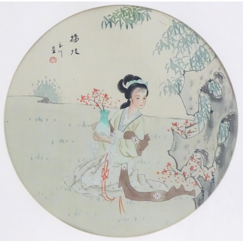 49 - Japanese School, Watercolour on silk, A garden scene with a young lady holding a vase. Character mar... 