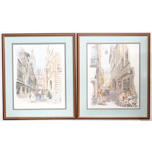20 - A pair of colour prints depicting Rouen, France street scenes after watercolours by Nichols, one tit... 