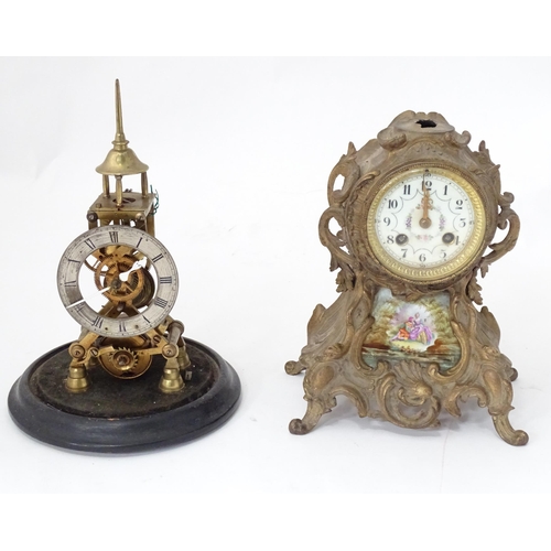24 - A French mantel clock with ceramic painted decoration, together with an anniversary clock. Largest a... 