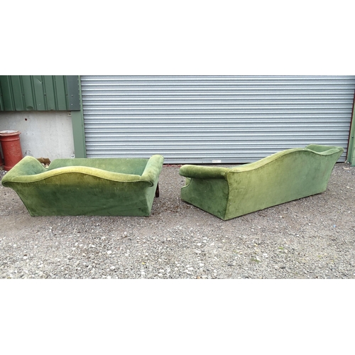 3 - Two camel back sofas, one with blind fretwork carved legs. Largest approx. 80