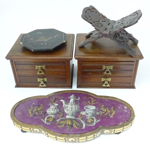 45 - A quantity of assorted items to include two oak desk drawers, a book stand, an Oriental lacquered ta... 